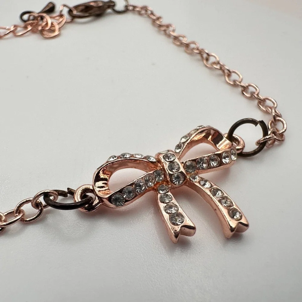 Vintage‎ 90s Rose Gold Tone Bow Rhinestone Bracelet Women's Classic Jewelry